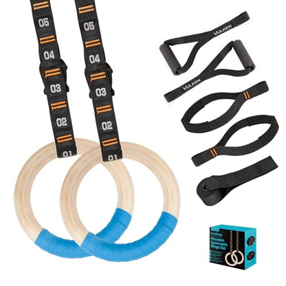 Wooden Gymnastic Rings with Adjustable Numbered Straps. 1.25'' Olympic Rings for Core Workout, Crossfit, Bodyweight Training. Home Gym Rings with 8.5ft Exercise Straps and Workout Handles.