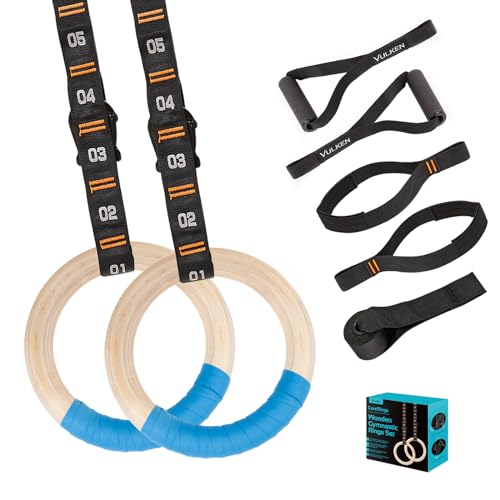 Wooden Gymnastic Rings with Adjustable Numbered Straps. 1.25'' Olympic Rings for Core Workout, Crossfit, Bodyweight Training. Home Gym Rings with 8.5ft Exercise Straps and Workout Handles.