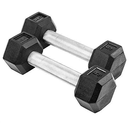 Rep Fitness Rubber Hex Dumbbell(s) - Singles (55LB +) and Pairs (5LB - 50LB) - Low Odor, Fully Knurled Handle - style: 5 LB Pair