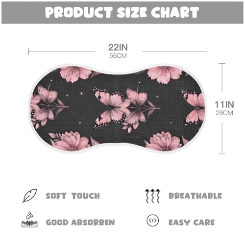 Butterfly Floral Pink Moon Muslin Burp Cloths 1 Pack - Extra Large 22"x11", 4-Layer Soft Absorbent Cotton, Waterproof Backing, Baby Drool Rags for Newborn