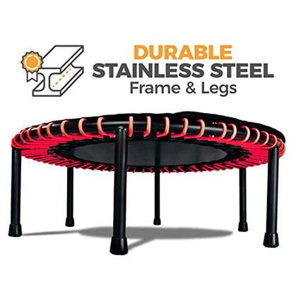 LEAPS & REBOUNDS 40" Adjustable Stability Bar Attachment with 40" Mini Fitness Trampoline and Home Gym Rebounder for Cardio Exercises, Red