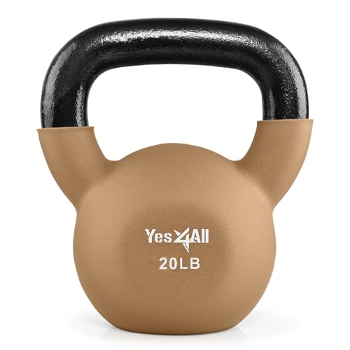 Yes4All Kettlebell, 5-65 LB Neoprene Coated Cast Iron Kettlebells, Wide Grip Handle & Flat Bottom for Swings, Squats, Deadlifts, Push Ups & Full Body Training at Home Gym - Single & Set - color: F. 20LB - Iced Latte, style: A. Single