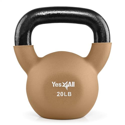Yes4All Kettlebell, 5-65 LB Neoprene Coated Cast Iron Kettlebells, Wide Grip Handle & Flat Bottom for Swings, Squats, Deadlifts, Push Ups & Full Body Training at Home Gym - Single & Set - color: F. 20LB - Iced Latte, style: A. Single