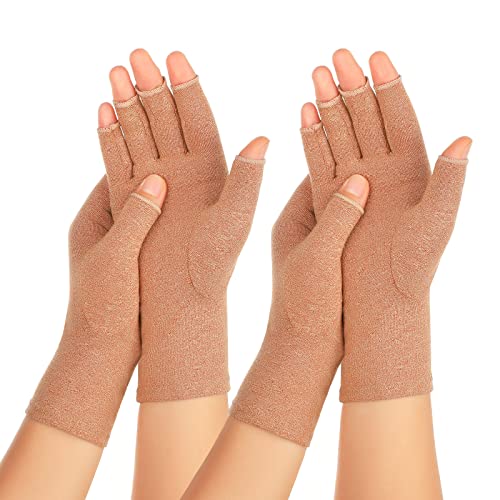 Zexhoor 2 Pairs Arthritis Compression Gloves for Women Men, Carpal Tunnel Pain Relief, Fingerless Gloves for Typing and Daily Work - color: Brown1+brown1, size: Small