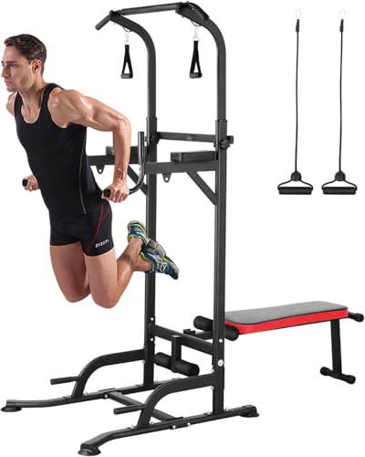 Power Tower with Bench, Pull Up Bar Dip Station, Power Tower Dip Station, Training Workout Equipment, Height Adjustable Pull Up Tower w/Folding Bench 4 Ropes, Strength Training, Home Gym