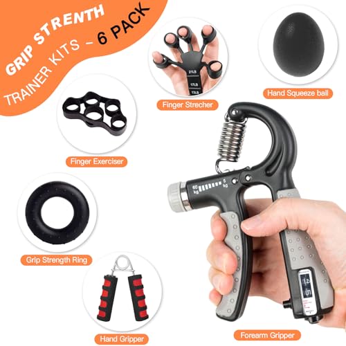 CYFIE Grip Strength Trainer Kit, Adjustable Hand Gripper Strengthener, Forearm Strengthener & Finger Exerciser Set with Finger Stretcher, Stress Ball & Grip Ring for Athletes, Rock Climbing & Rehab - color: Red & Black