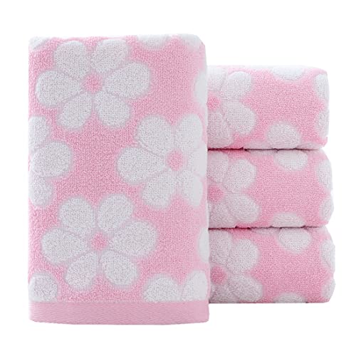 Hand Towels Set of 4 Floral Pattern 100% Cotton Soft Absorbent Decorative Towel for Bathroom (Pink)