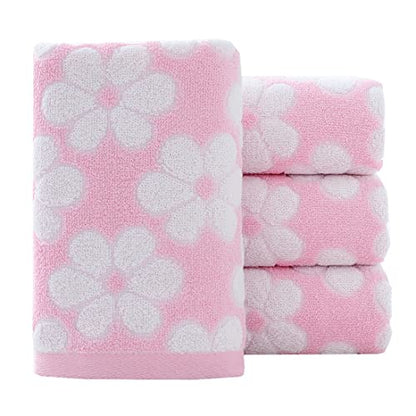 Hand Towels Set of 4 Floral Pattern 100% Cotton Soft Absorbent Decorative Towel for Bathroom (Pink)