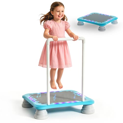 3-in-1 Mini Trampoline for Kids with Music & Lights, Indoor Outdoor Bounce Board, Removable Safety Handle, Sensory Balance Trainer, Non-Slip Base, Ages 3-12, Max 220 lbs - color: Blue
