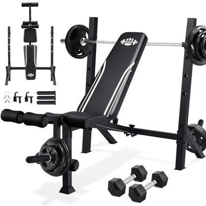 ANCHEER 900LBS Weight Bench Set with Barbell Rack, Heavy Duty Bench Press Set with Leg Extension and Leg Curl, Foldable Workout Benches for Home Gym with J Hooks & Olympic Sleeves (US Stock) - color: White