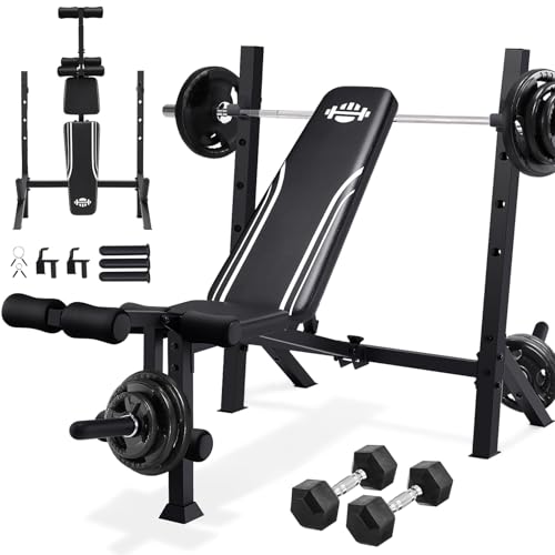 ANCHEER 900LBS Weight Bench Set with Barbell Rack, Heavy Duty Bench Press Set with Leg Extension and Leg Curl, Foldable Workout Benches for Home Gym with J Hooks & Olympic Sleeves (US Stock) - color: White