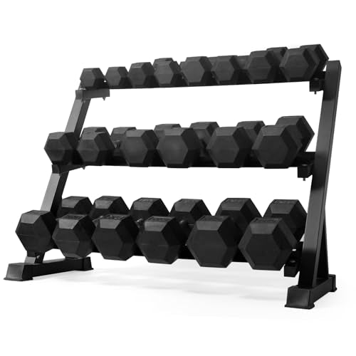 RitFit Rubber Coated Hex Dumbbell Set with Rack, 5-780LB for Home Gym Strength Training, Anti-Slip Knurled Handle, Hexagon Anti-Roll, Heavy-Duty Storage Rack - style: 650LB Set (10-55LB）