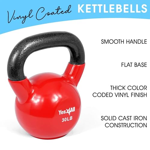 Yes4All Kettlebell, Vinyl Coated Kettlebell Cast Iron Sets with Stable Flat Bottom for Full Body Workout, Push up, Grip Strength Training & Weights Exercises - color: Multicolor, style: 5 - 30lb
