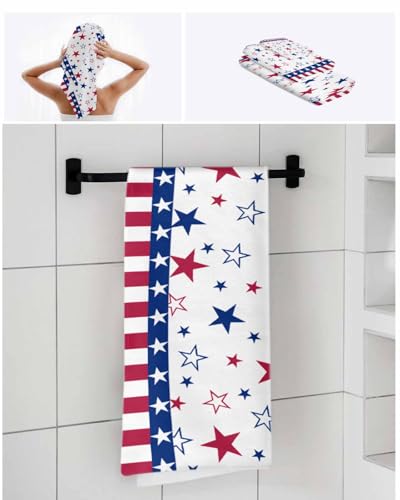 4th of July Bath Towels Set of 3 for Bathroom,Soft Absorbent Shower Beach Hand Face Hair Yoga Workout Gym Towel Dish Wahcloth,Blue Red Stripe Stars Independence Day Quick Dry Kitchen Bath Towels+Set