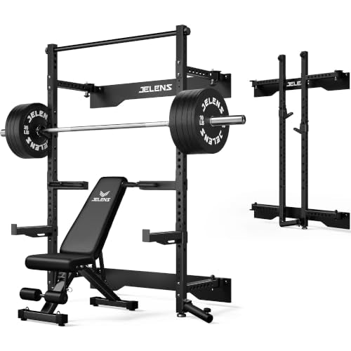 JELENS FS01 Folding Squat Rack, Wall Mounted Power Rack for Home Gym, Space Saving Multi-Functional Power Cage with More Attachments - color: Black, size: 260LB Black Weights Package