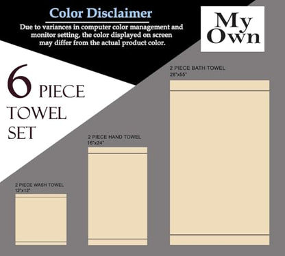 MyOwn Ultra Soft 6 Pack Cotton Towel Set, Contains 2 Bath Towels 28x55 inch, 2 Hand Towels 16x24 inch & 2 Wash Coths 12x12 inch, Ideal Everyday use, Compact & Lightweight - Ivory