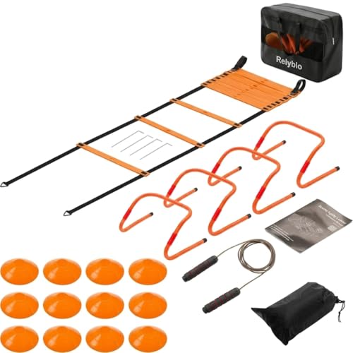 Agility Ladder Training Set - Orange Speed & Footwork Equipment for Sports, Soccer & Fitness - Includes Resistance Parachute, Cones, Jump Rope & Carry Bag
