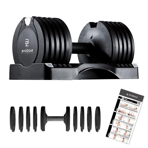 BYZOOM FITNESS Pure Series Adjustable Dumbbell - 12.5/25/27.5/50/55/75lb - ONE UNIT OR PAIR(check QTY before purchase) - 5-in-1/ 10-in-1 / 15-in-1 / 21-in-1 Flexible Hand Weights for Home Apartment Garage Gym, Strength Training & Fitness Workouts, White O