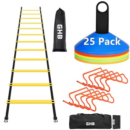 GHB Agility Ladder 1PCS Agility Cones 25PCS Detachable Agility Hurdles 10PCS