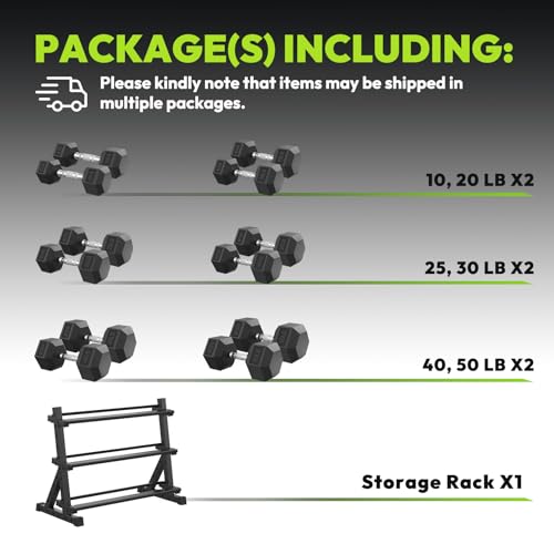 HANDBODE Hex Dumbbell Set with Rack, 300-840 lb Rubber Coated Fixed Weights Sets with Heavy Duty Storage Stand, Hexagon Shape, Multiple Weight Options Home Gym Equipment for Strength Training - style: 350 lb Set (10-50 lb) with Rack