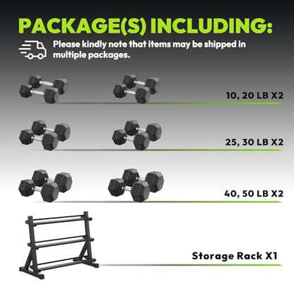 HANDBODE Hex Dumbbell Set with Rack, 300-840 lb Rubber Coated Fixed Weights Sets with Heavy Duty Storage Stand, Hexagon Shape, Multiple Weight Options Home Gym Equipment for Strength Training - style: 350 lb Set (10-50 lb) with Rack