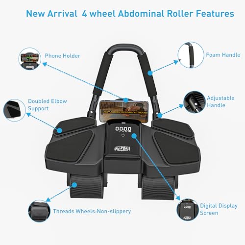 Ab Roller Home Gym Equipment – 4 Wheels Ab Wheel Muscle Roller with Built-in Tracker Ideal Exercise Equipment for Home – Comfortable Elbow Support with Non-Slip Handles – Workout Progress Tracking