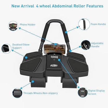 Ab Roller Home Gym Equipment – 4 Wheels Ab Wheel Muscle Roller with Automatic Rebound, Yoga Stretching Strap, 3 Resistance Bands – Comfortable Elbow Support with Non-Slip Handles – Built-in Workout Tracker