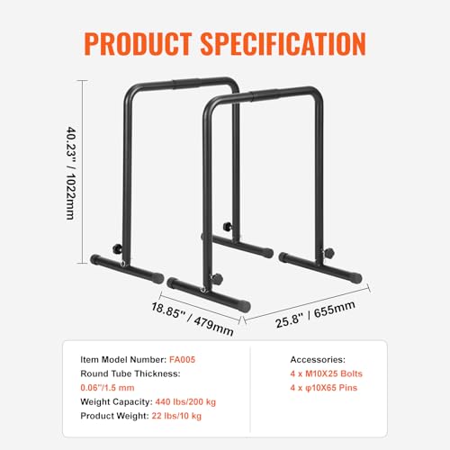 Happybuy Dip Bars, 440 lbs Capacity, Heavy-Duty Adjustable Height Dip Stand for Fitness Workouts, Stabilizer Parallette Push-Up Stand, Parallel Bars for Strength Training at Home Gym