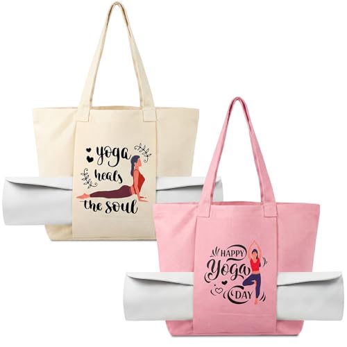 2 Pack Yoga Mat Bags Tote Canvas Gym Tote Bags Gift for Women Pilates Mat Carrier Carryall Shoulder Bag for Office, Workout, Pilates, Travel, Beach and Gym Gift for Yoga Lover Mothers Day
