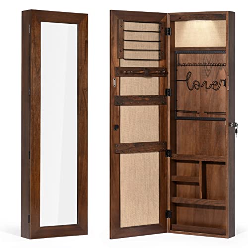 SRIWATANA Jewelry Organizer, Wall/Door Mounted Jewelry Armoire Cabinet with Mirror, Solid Wood(Dark Brown) - color: dark brown