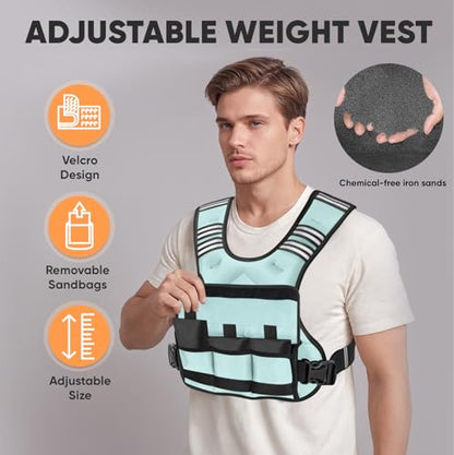 Adjustable Weighted Vest, 4-10lb/12-18lb/20-32lb Vest with 6 Ironsand Weights and Large Pocket, Weight Vest for Men Women Strength Training, Running, Walking - color: Pastel Blue, size: 4-10lbs