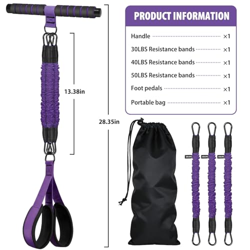 Pedal Resistance Band with Handle, 3 Tube Adjustable Resistance Bands for Abdomen, Upgraded Exercise Equipment with Soft Foot Pedal for Abs Arm Leg Waist Workout, Core Pilates (Purple)