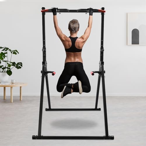 Foldable Power Tower Dip Station Pull Up Bar, Adjustable Multifunction Power Tower Dip Bar Station, Workout Pull Up Tower Station Gym Strength Training Equipment, Support 440LBS
