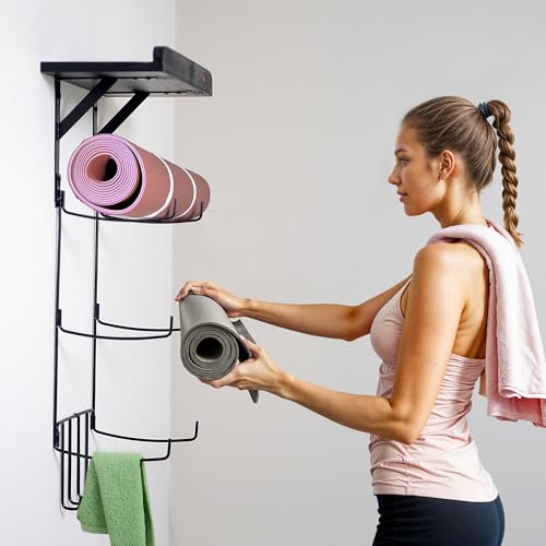 Olivia and Lily Wall-Mounted Yoga Mat Rack with black wood shelf - Organizer for Yoga Mats, Resistance Bands, and Accessories - Home Gym Storage Solution