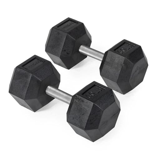 Titan Fitness 60 LB Pair Free Weights, Black Rubber Coated Hex Dumbbell, Straight Stainless Steel Handle, Strength Training, Full Body Workout