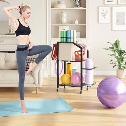 HOOBRO Dumbbell Rack, Weight Rack for Dumbbells, Yoga Mat Storage Rack, Home Gym Storage Rack for Dumbbells Kettlebells Foam Roller, Workout Storage Organizer with Wheels & Hooks, Black BE85CJ01N1