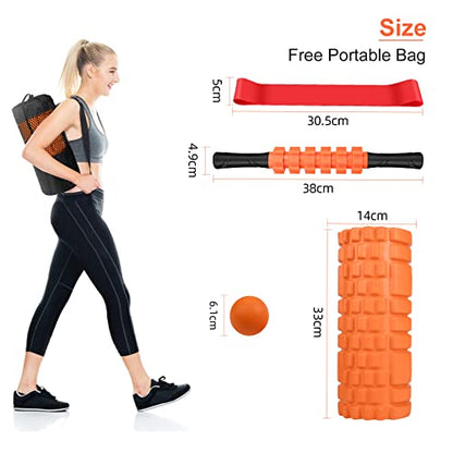 Aucuu 5 in 1 Foam Roller Set Includes Hollow Core Massage Roller, Yoga Stick, Massage Ball, Fitness Stretching Strap, Carrying Bag, Towel, Massage Roller (Orange)