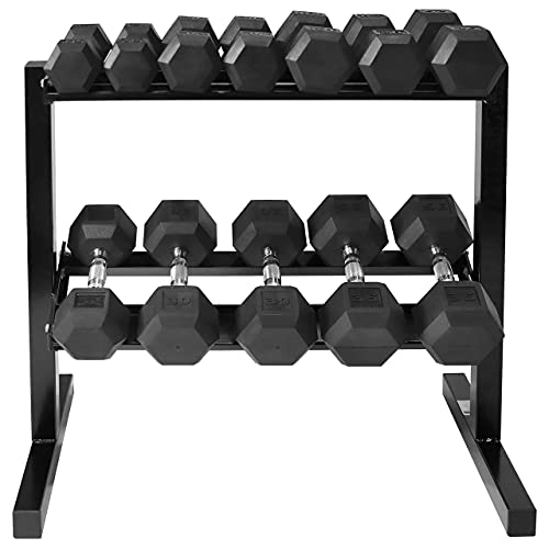WF Athletic Supply Rubber Coated Hex Dumbbell Set with Two Tier Premium Storage Rack Built for Strength Building, Weight Loss & Home Gym – Multiple Sets Available - color: 10 - 35LB Set