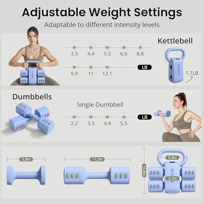 2-in-1 Adjustable Dumbbell Set for Women - 4 Levels (2.2lbs to 12.1lbs) - Home Gym Weights for Women at Home - Fitness Dumbbells - color: Blue