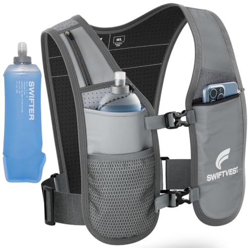 Running Phone Holder Vest with 500ml/17oz Water Bottle | Reflective Hydration Vest | Adjustable | Light | 6 Pockets for Running Accessories | Unisex - color: Grey, size: Medium-Large