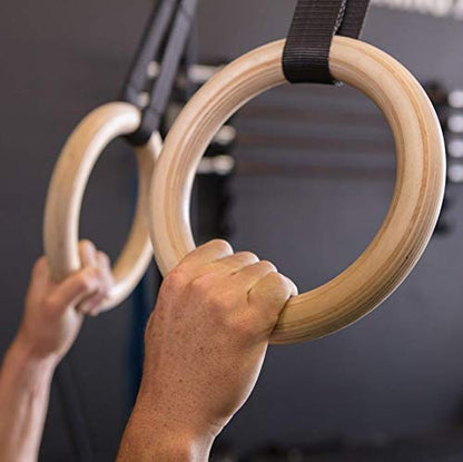 Wooden Gymnastics Rings with Adjustable Carabiner Clips - Full Body Workout Rings for Bodyweight Training, and Fitness - Gym Rings for Strength and Stability.