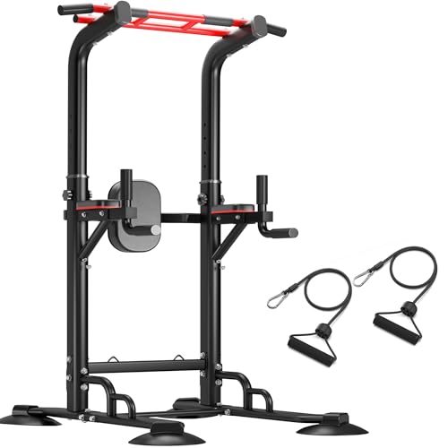 DlandHome Pull Up Bar Power Tower Dip Station, Height Adjustable Heavy Duty Workout Dip Stand, Multi-Functional Strength Training Machine for Men Women Home Gym - color: Black with Ropes