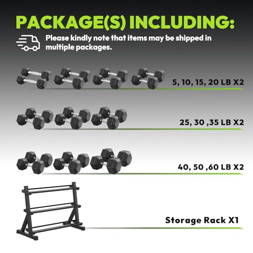 HANDBODE Hex Dumbbell Set with Rack, 300-840 lb Rubber Coated Fixed Weights Sets with Heavy Duty Storage Stand, Hexagon Shape, Multiple Weight Options Home Gym Equipment for Strength Training - style: 580 lb Set (5-60 lb) with Rack