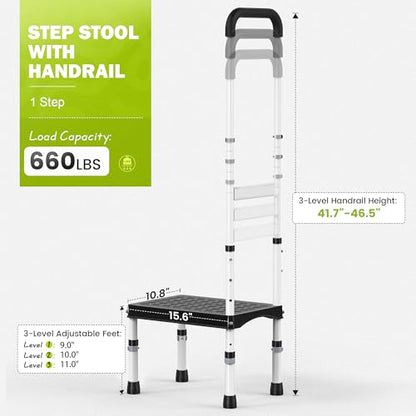 RV Step Stool with Handle for Elderly,1 Step Ladder with Handrail, Reinforced PP Wide Platform, Adjustable Height, Portable Stairs for Hot Tub/Camper/Mobile Home/Porch/SPA Pool/Pet Stairs - size: 1 Step-Adjustable Height