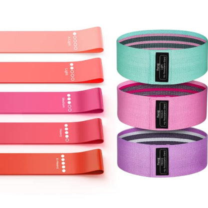 Bundle Set of 8 Resistance Bands for Workout, 3 Fabric Booty Bands and 5 Latex Exercise Bands with 2 Portable Bags