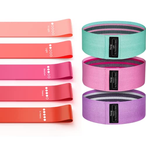 Bundle Set of 8 Resistance Bands for Workout, 3 Fabric Booty Bands and 5 Latex Exercise Bands with 2 Portable Bags