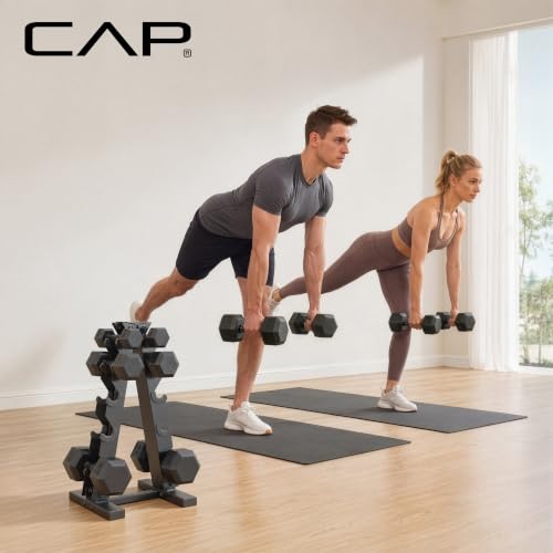 CAP Rubber Coated Dumbbell Weight Set with Vertical Rack | 100 lb, 150 lb, and 210 lb Options - size: 150 lb - Set, style: Black Handle