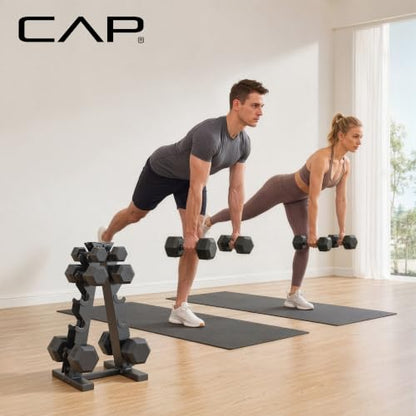 CAP Rubber Coated Dumbbell Weight Set with Vertical Rack | 100 lb, 150 lb, and 210 lb Options - size: 150 lb - Set, style: Black Handle
