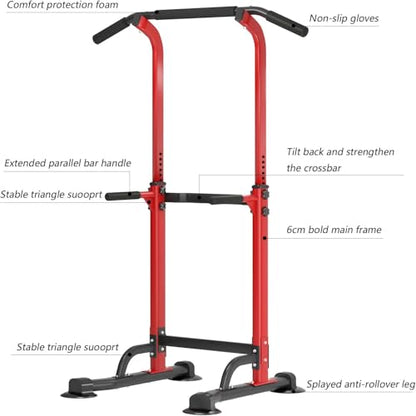 Multi-Functional Power Tower for Home Gym: Adjustable Pull Up & Dip Station with 400 LBS Capacity, Space Saving Strength Training Equipment for Men and Women - color: Red