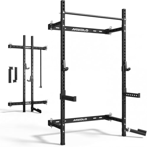 Mikolo 2" x 2" Folding Wall Mounted Squat Rack, 1000 Pounds Capacity Power Rack with Pull Up Bar, J Hooks and Other Attachments, Space-Saving Home Gym - color: Black, style: Squat Rack with Safety Catches